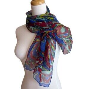 Echo Women’s Sheer Chiffon Oblong Rectangle Scarf Abstract Swirl Blue Red Yellow